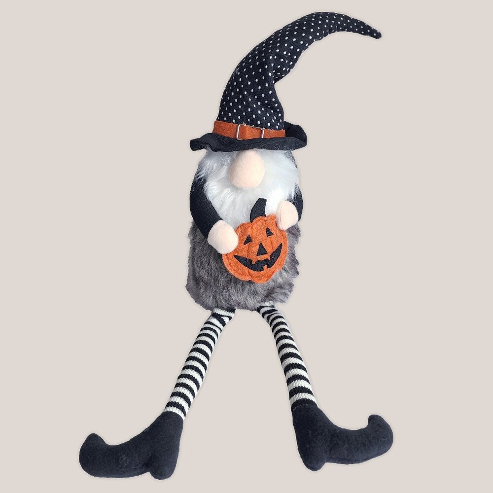 HALLOWEEN GNOME w/ Felt Pumpkin, Striped Legs, Polka Dot Hat by Hallow Home